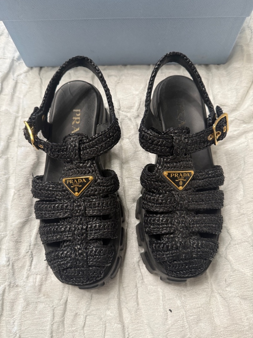 Prada Black Braided Platform Fisherman Sandals with Gold Logo